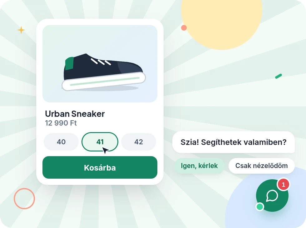 Termékkártya a webshopban, mellette a Zuppor proaktív üzenete: „Szia! Segíthetek valamiben?”, két gyorsválasz-gombbal