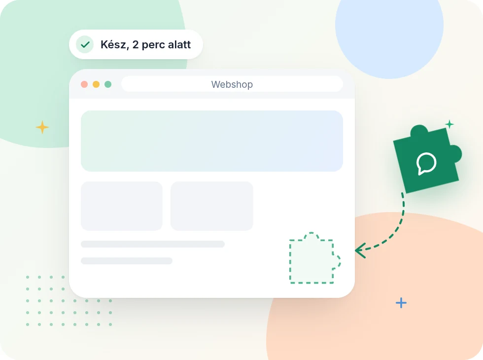Egy webshop vázlata, amibe a Zuppor chat-ablaka kirakósdarabként illeszkedik, „Kész, 2 perc alatt” felirattal