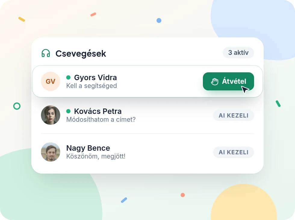 Csevegések listája a konzolban: az elsőn az Átvétel gomb, a másik kettőt az AI kezeli